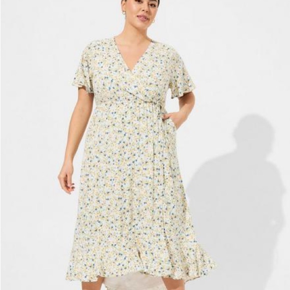 torrid Cream Floral Wrap Midi Dress with Blue & Yellow Print